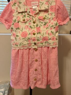 Little Lass Pink Floral Soft Knit Dress/White Floral Lace Trim Vest 5